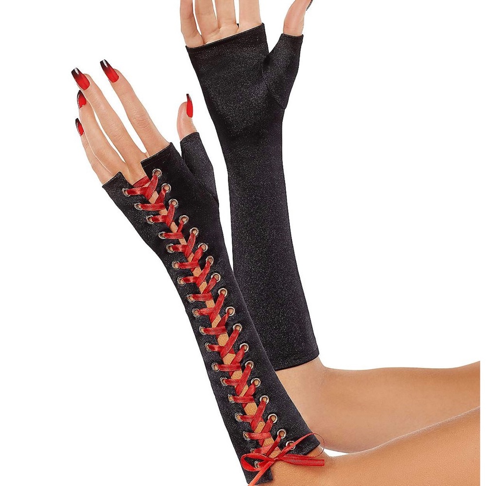 Black and Red Lace-Up Gloves